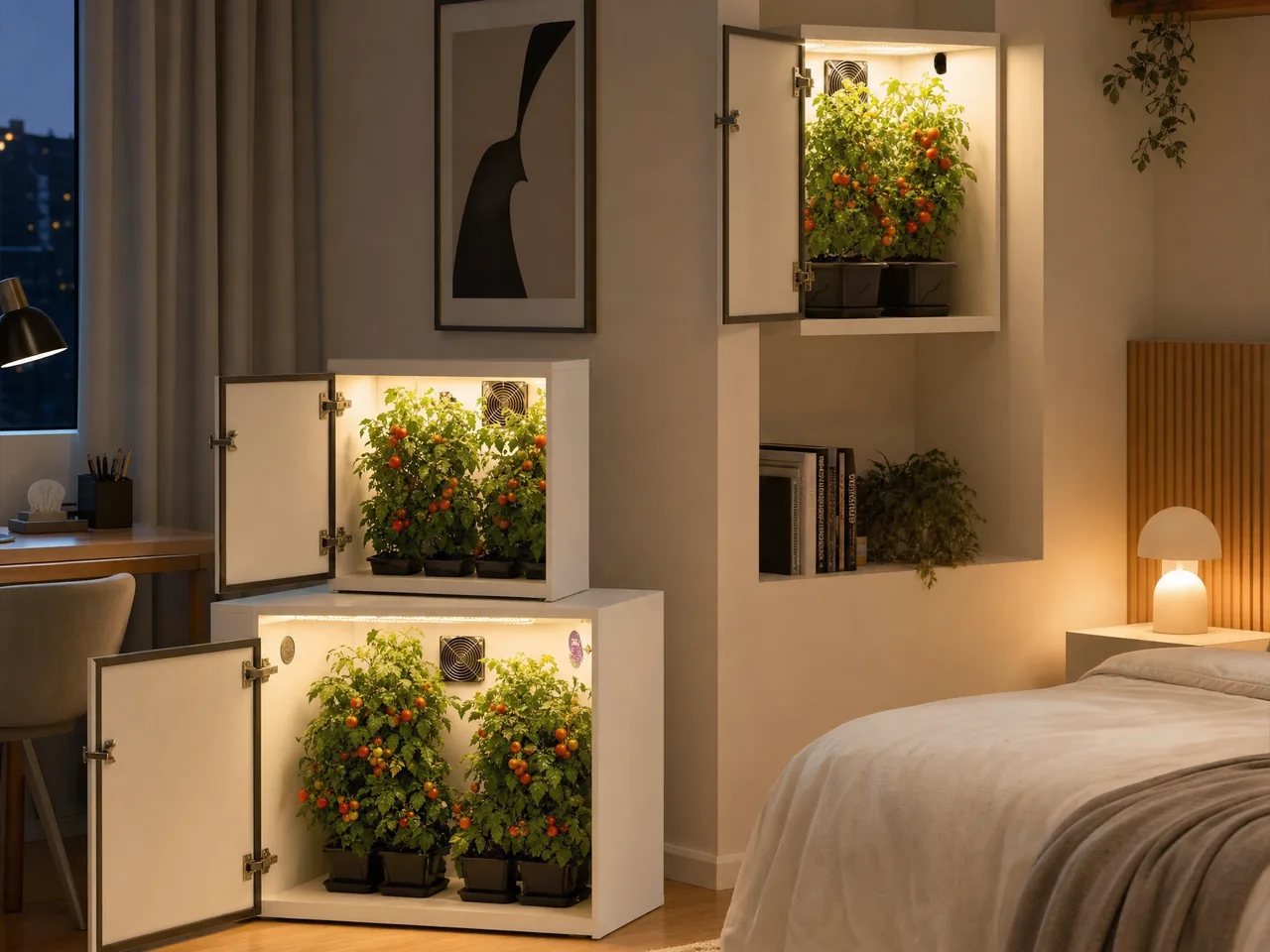 Conjunto de Growbox Canvas em quarto durante a noite