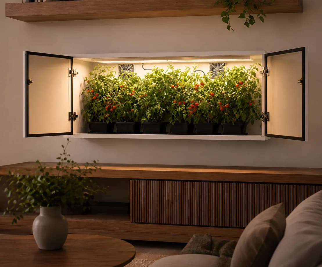 Growbox Canvas horizontal aberta em sala com acabamento de móvel